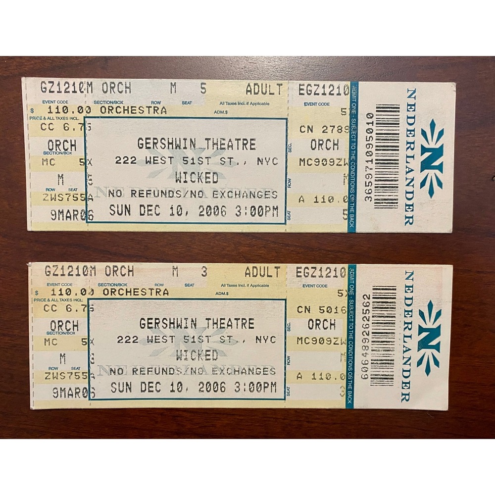 Wicked 2006 Broadway Gershwin Theatre NYC 12/10 Ticket‎ Stubs 2